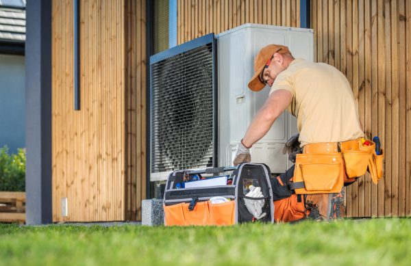 HVAC worker working on a modern heat pump outside a house.